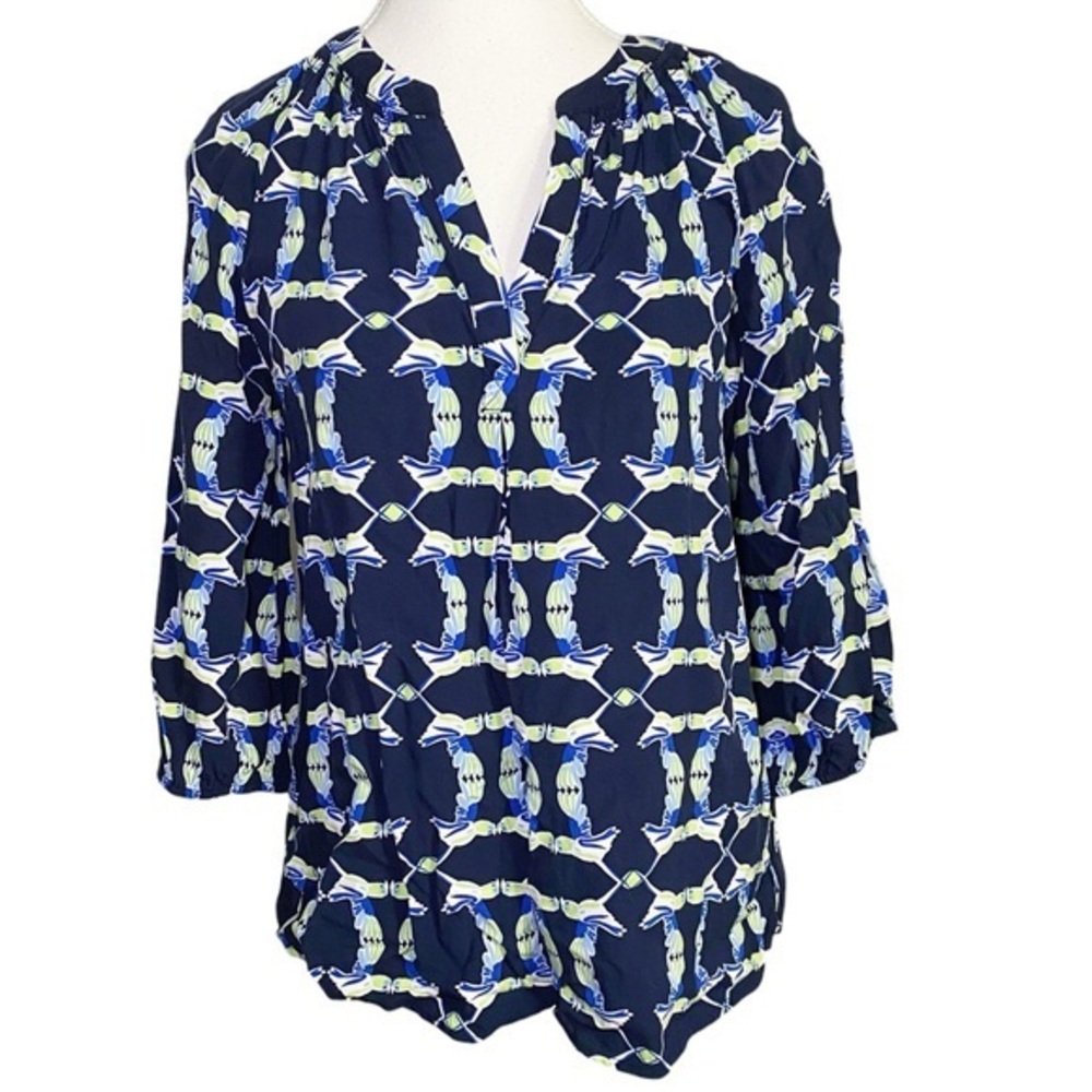 Crown & Ivy Navy and Lime Bird Patterned Blouse
